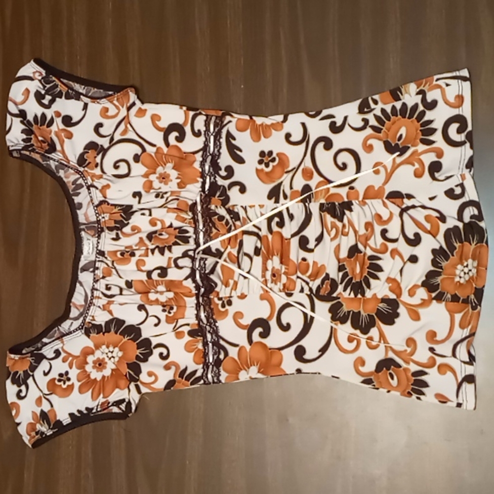 Studio Y Cream Orange Brown Floral Scoop Neck Blouse